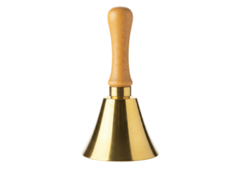Isolated Brass Hand Bell with Wooden Handle for Ringing, Alarm, or Announcements