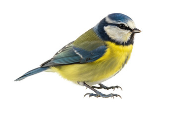 Isolated Eurasian blue tit perched, standing on its feet, blue yellow plumage, songbird