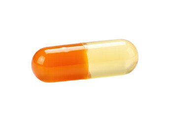 Isolated capsule with vibrant orange and yellow halves, medical treatment, pharmacy object