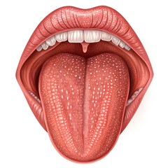 Detailed illustration of human tongue isolated on white background, showing muscular structure and surface anatomy for medical