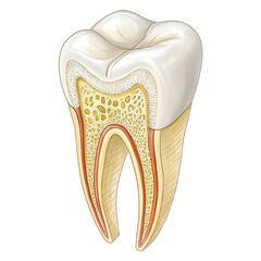 Detailed illustration of a single human molar tooth isolated on white background, showing structure for dental, medical