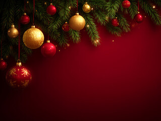 Red background with Christmas pine needles and colorful shiny baubles creating a festive, cozy, and joyful holiday decoration