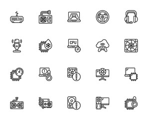 Gaming PC icon set. Minimal vector icons pack. Inclues keyboard, laptop, CPU, eadset, monitor, microphon, GPU, fan and more. Editale stroke.
