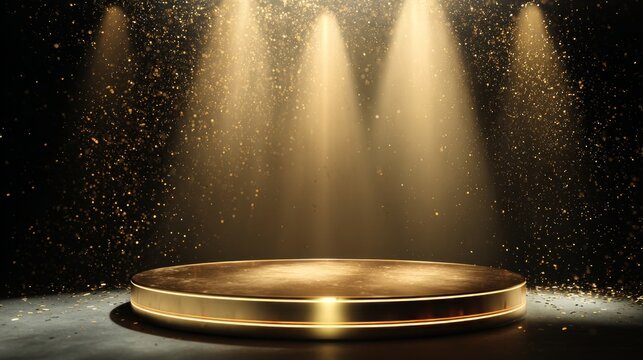 Luxurious golden stage with glossy metallic finish for elegant event display and presentations