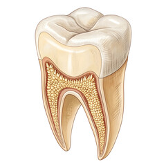 Detailed illustration of a single human molar tooth isolated on white background, showing structure for dental, medical