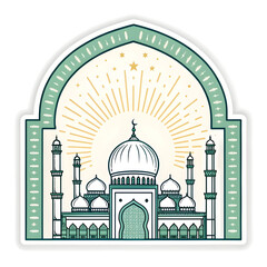 Islamic arch with glowing outline in sticker style, symbolizing tradition, culture, and spirituality, isolated on a clean