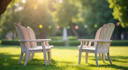 Wooden chairs sitting in the grass near a tree