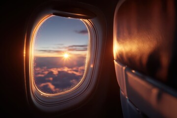 Fototapeta premium Dramatic golden sunset seen from an airplane window, illuminating clouds above.