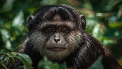 Indian langur monkey in natural habitat with green foliage.