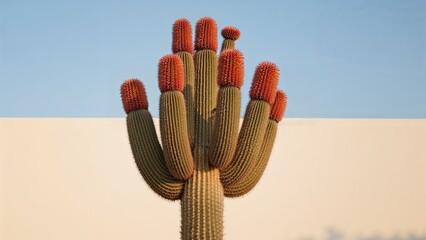 Cactus featuring vibrant red and orange blooms against a clear sky background
