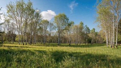 Obraz premium Authentic beautiful summer landscape birch grove on a clear sunny day 