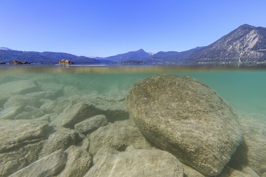 Underwater shot, rocks, lake, clear, mountains, sunny, Walchensee, Bavaria, Germany