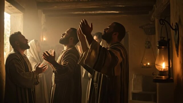 Group of men in ancient attire praying with raised hands in a dimly lit room, depicting early Christian prayer and biblical times.