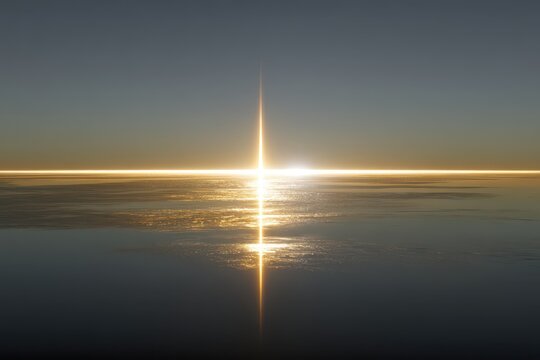 Vibrant golden light creating a luminous cross on the serene water surface at sunset.