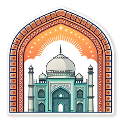 Islamic arch with glowing outline in sticker style, symbolizing tradition, culture, and spirituality, isolated on a clean
