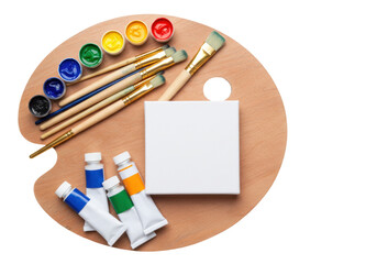 Isolated Paint palette with colorful paints, paintbrushes, and a blank square canvas