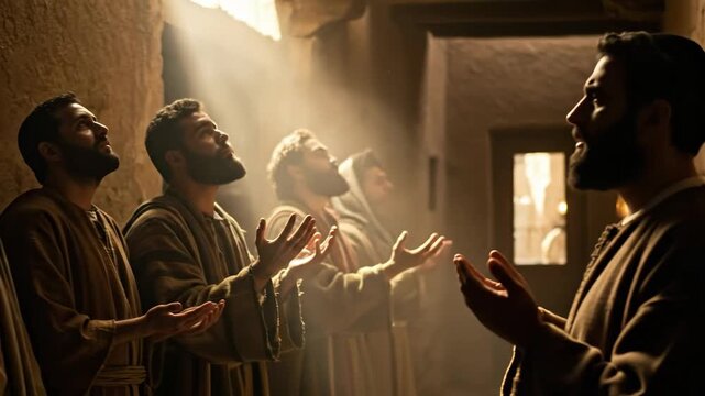Group of adult men praying with raised hands in ancient setting. First Christians prayer, biblical times footage.