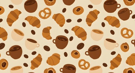 Obraz premium Pattern of pastry, coffee and beans on light brown background