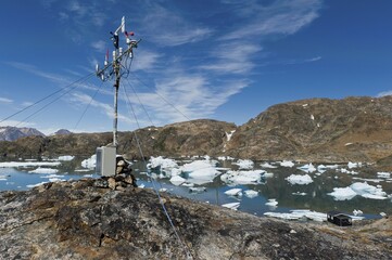Icebergs, measuring station, Austrian polar station or polar research station Sermilik, Ammassalik Island, East Greenland, Greenland