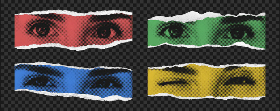 Color halftone female eyes on torn scrap paper piece. Set of collage eye  torn out of magazine with realistic ripped edges at transparent background. Vector.