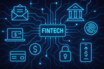 Fintech concept with glowing neon icons and circuit board connections on dark background finance technology