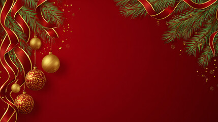 Red background with Christmas pine needles and colorful shiny baubles creating a festive, cozy, and joyful holiday decoration