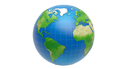 A detailed 3d globe of earth showing continents and oceans, isolated on transparent background