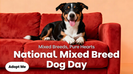 Mixed breed dog and adoption text, representing mixed breed dog day, breed mixing, and love, suitable for pet advocacy and adoption promotion scenes.
