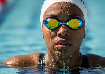 Fototapeta premium Focused competitive swimmer emerging from the water, wearing goggles and swim cap, droplets visible on face during outdoor training
