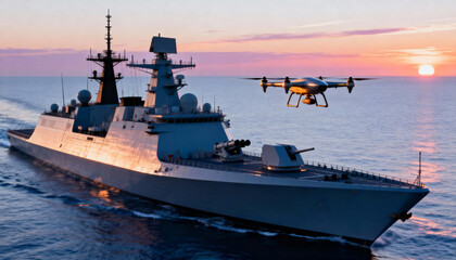 Modern naval warship navigating open waters at sunset as surveillance drone hovers nearby for maritime security operations