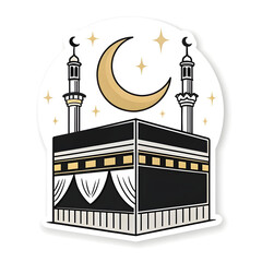 Simple icon of Kaaba cube in sticker style, representing Islamic faith and pilgrimage, isolated