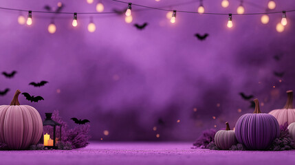 
Halloween scene with glowing pumpkins, black lanterns, purple foliage, string lights, and flying bats on a dreamy purple background. Ideal for seasonal ads and festive designs.