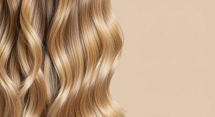 Fototapeta premium Long wavy blonde hair with natural highlights, healthy smooth texture, and voluminous flowing strands on soft beige background