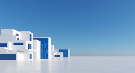 Modern minimalist architecture with white cubic buildings and blue accents under a clear sky