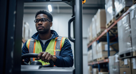 Focused warehouse worker operating forklift to transport goods in organized logistics center filled with stacked pallets and inventory