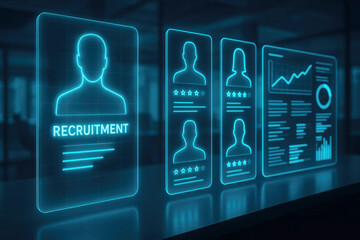 Futuristic digital display showing recruitment profiles and data analysis interface