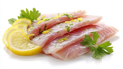 Obraz premium Filetti di pesce persico crudo, disposti con cura e guarniti con limone fresco, prezzemolo e una spolverata di erbe, suggerendo un'esperienza culinaria leggera e raffinata.