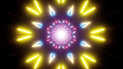 A geometric abstract image features a radiant starburst design of multi-colored neon rays - Powered by Adobe