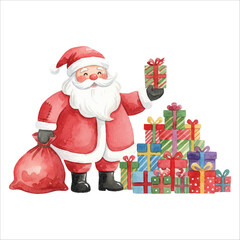 Santa Claus with Gift Boxes Watercolor Vector, Cute Christmas Character Illustration on White Background
