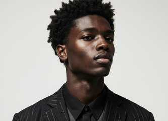 Fototapeta premium Confident Young Black Man in Pinstripe Suit, Studio Portrait