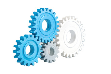 Interlocking gears in blue and white demonstrating mechanical engineering and teamwork on a black background