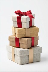 Pila di scatole regalo, con nastro e fiocco,  per festa, elebrazione o sorpresa. Sfondo bianco