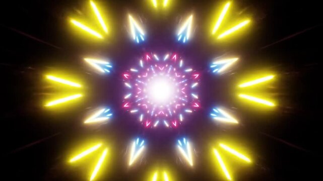 A geometric abstract image features a radiant starburst design of multi-colored neon rays - Powered by Adobe