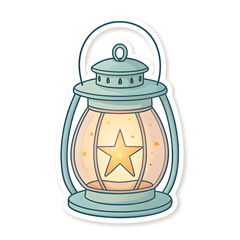 Glowing lantern in sticker style, symbolizing light, warmth, and spirituality, commonly used in Islamic festivals, isolated