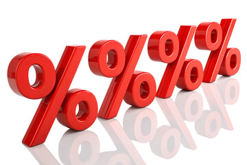 Row of shiny red percentage signs reflecting on a white surface against a black background