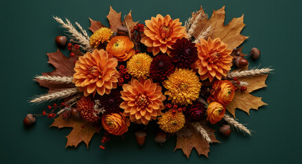 Vibrant autumn flowers and foliage arrangement with orange dahlias, ranunculus, and dried leaves on a dark green background