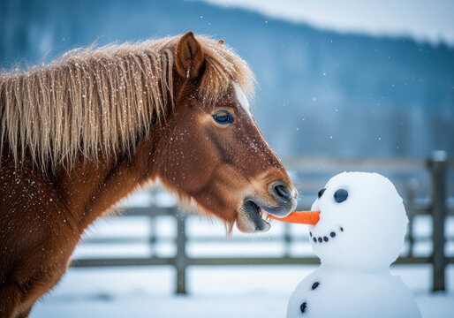 Curious brown horse nibbling carrot nose from cheerful snowman during gentle snowfall in a serene snowy countryside setting