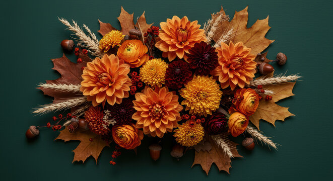 Vibrant autumn flowers and foliage arrangement with orange dahlias, ranunculus, and dried leaves on a dark green background - Powered by Adobe