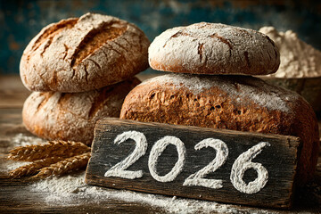Fresh artisan bread with a wooden sign reading 2026, perfect for New Year 2026 celebration themes, festive food concepts, holiday baking