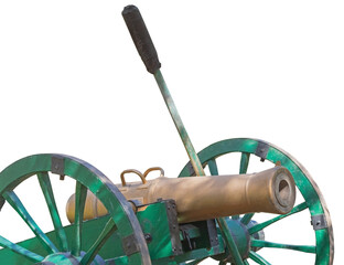 Ancient wheeled cast iron cannon isolated on white